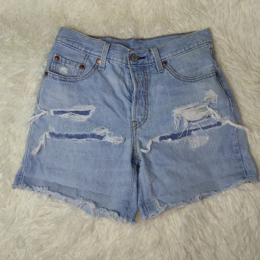 Levi's 501 Premium Big E Long Denim Distressed Short Size 25